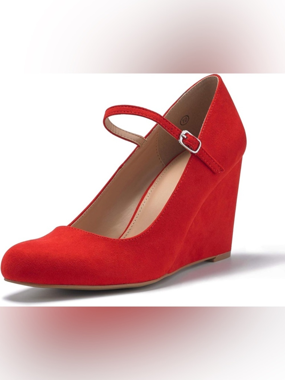 NEW Coutgo Womens Wedge Pumps Dressy Mary Jane Ankle Strap Red Suede Sz 7.5